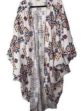 Mazik size small Boho Tile Print Open Front Kimono Jacket - White/Multi